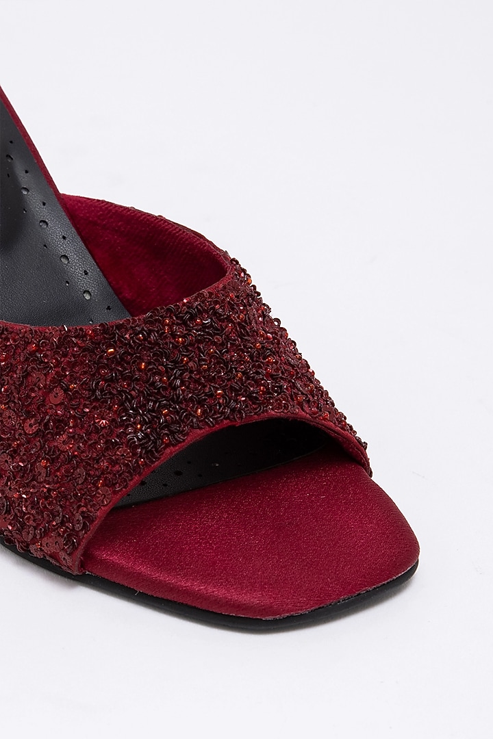 Red Recycled Poly Satin Embellished Heels by Doux Amour at Pernia's Pop Up Shop
