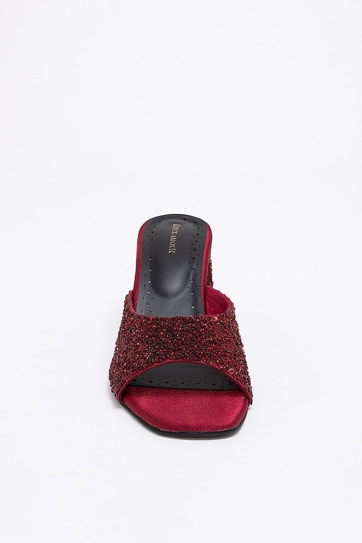 Red Recycled Poly Satin Embellished Heels by Doux Amour at Pernia's Pop Up Shop