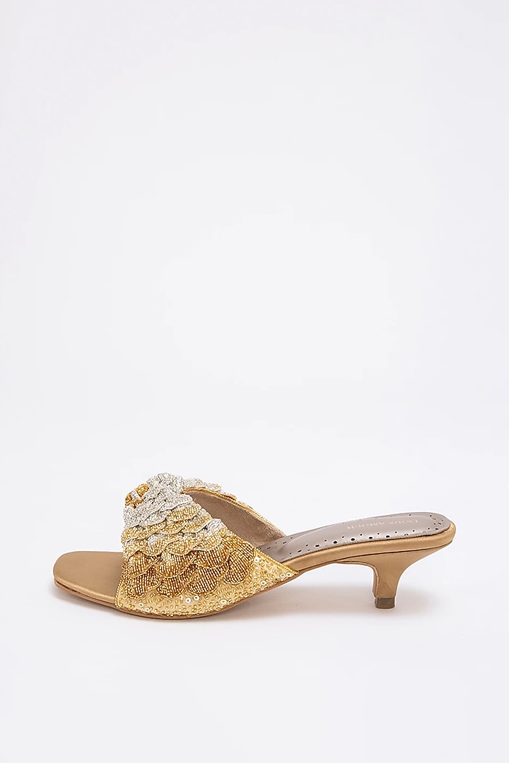 Gold & Silver Recycled Poly Satin Hand Embroidered Kitten Heels by Doux Amour