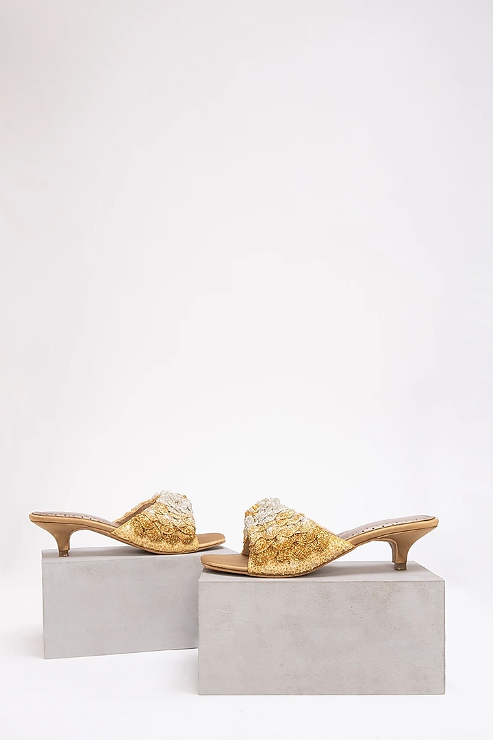 Gold & Silver Recycled Poly Satin Hand Embroidered Kitten Heels by Doux Amour at Pernia's Pop Up Shop