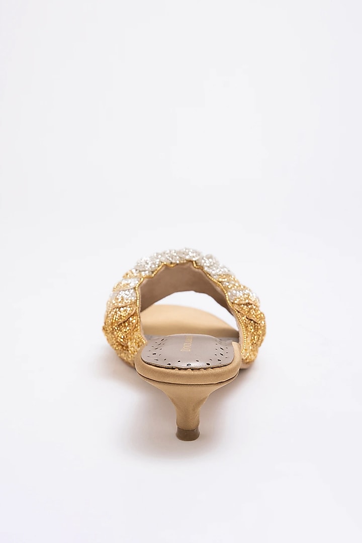 Gold & Silver Recycled Poly Satin Hand Embroidered Kitten Heels by Doux Amour at Pernia's Pop Up Shop