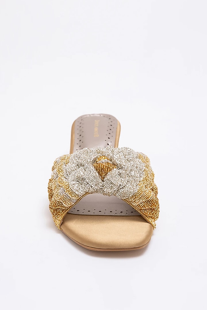 Gold & Silver Recycled Poly Satin Hand Embroidered Kitten Heels by Doux Amour at Pernia's Pop Up Shop