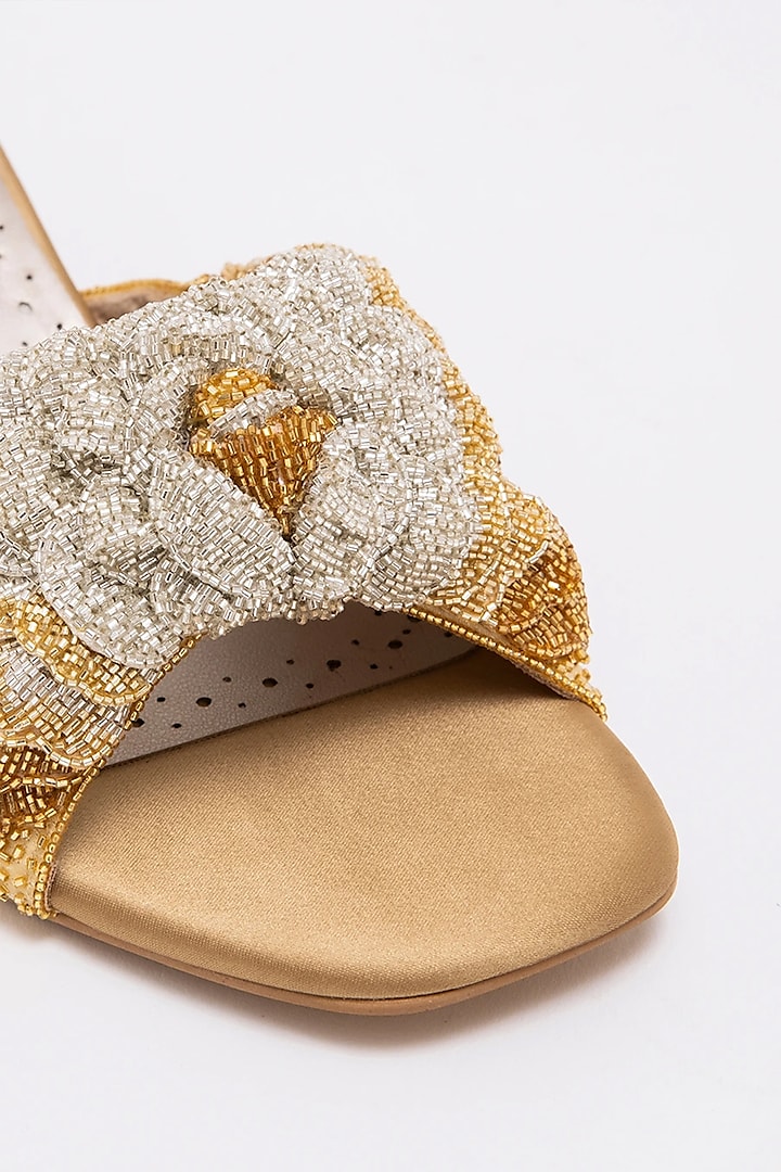 Gold & Silver Recycled Poly Satin Hand Embroidered Kitten Heels by Doux Amour at Pernia's Pop Up Shop