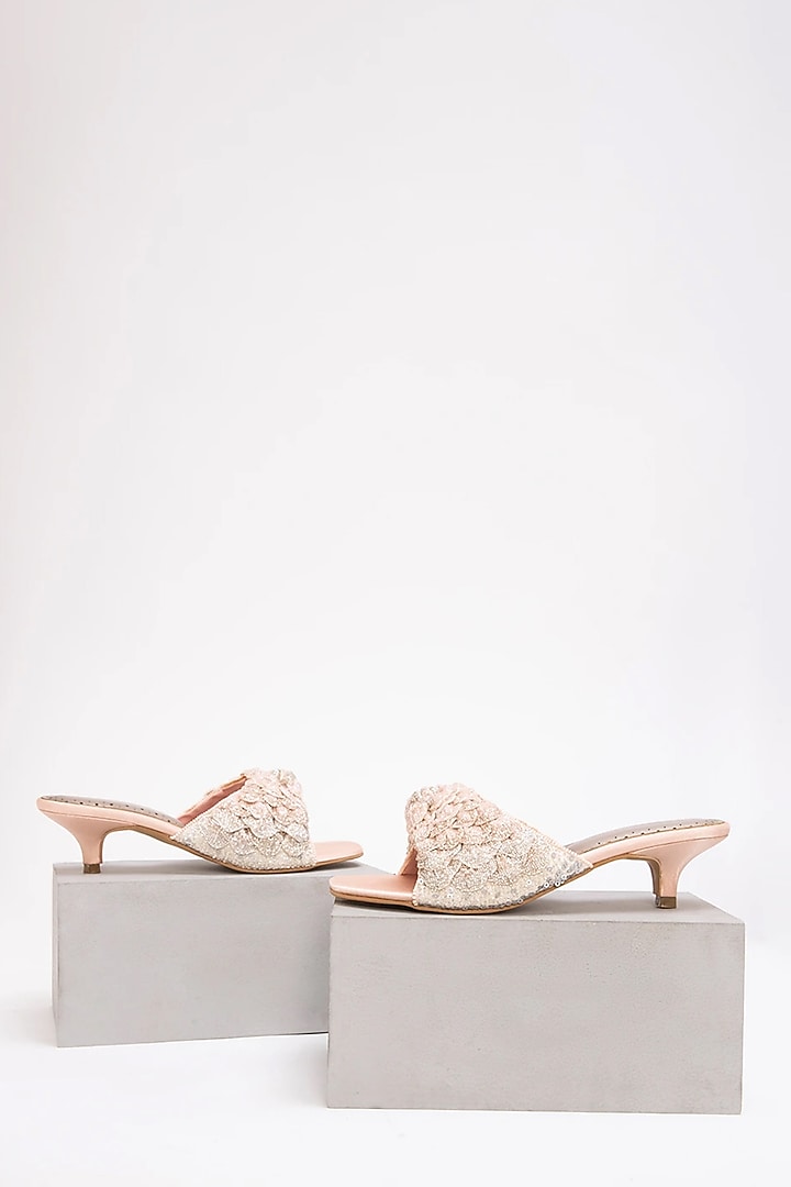 Gold & Silver Recycled Poly Satin Hand Embroidered Kitten Heels by Doux Amour at Pernia's Pop Up Shop
