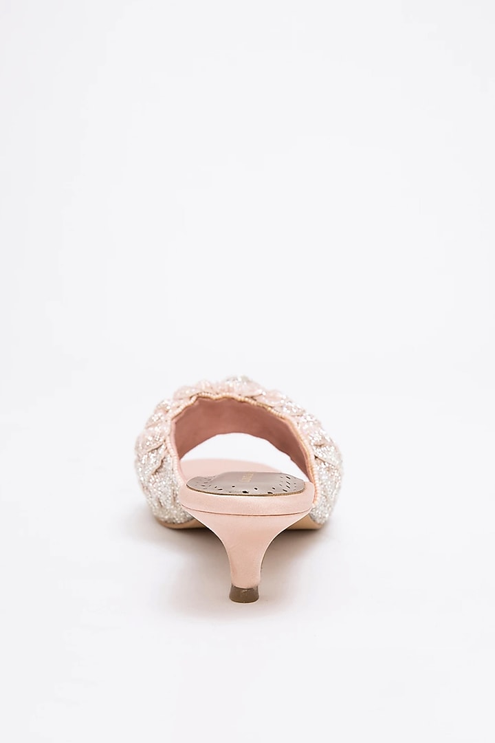 Gold & Silver Recycled Poly Satin Hand Embroidered Kitten Heels by Doux Amour at Pernia's Pop Up Shop