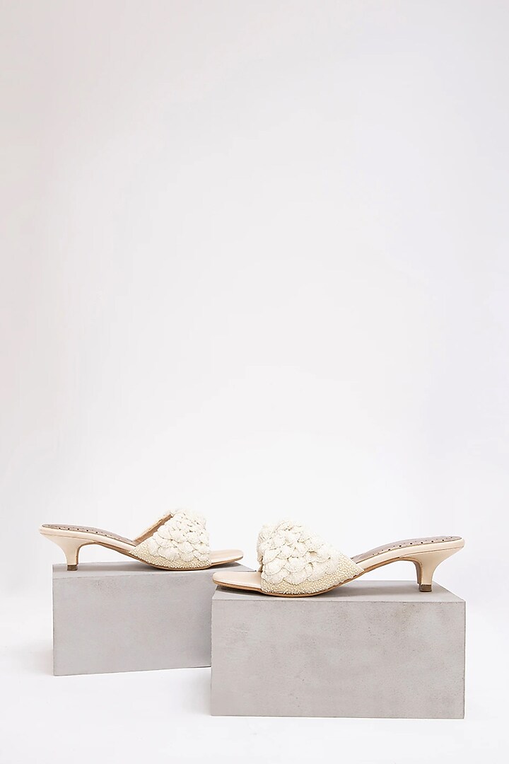 Gold & Silver Recycled Poly Satin Hand Embroidered Kitten Heels by Doux Amour at Pernia's Pop Up Shop
