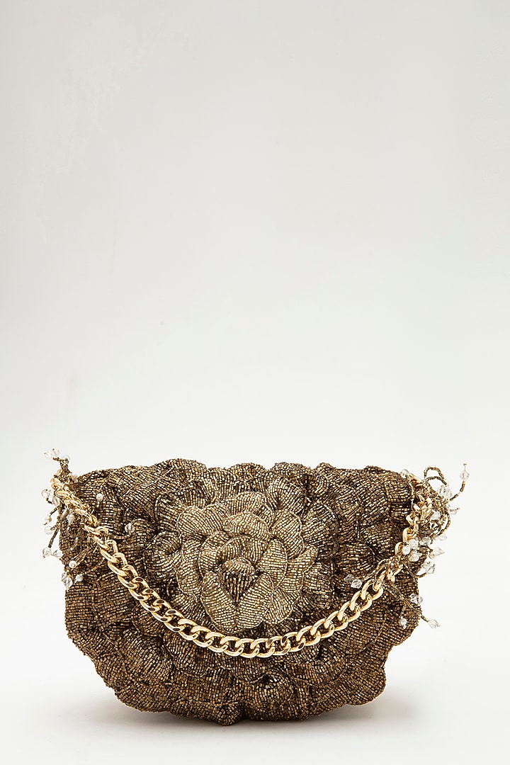 Vintage Gold Suede Hand Embroidered Clutch by Doux Amour at Pernia's Pop Up Shop