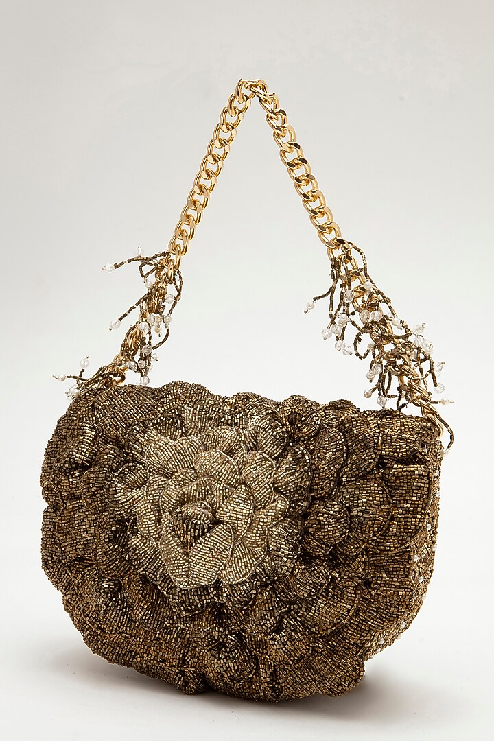 Vintage Gold Suede Hand Embroidered Clutch by Doux Amour at Pernia's Pop Up Shop