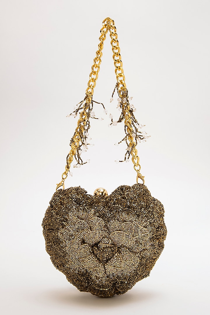 Vintage Gold Suede Hand Embroidered Heart Shaped Clutch by Doux Amour at Pernia's Pop Up Shop