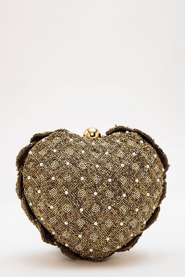 Vintage Gold Suede Hand Embroidered Heart Shaped Clutch by Doux Amour at Pernia's Pop Up Shop