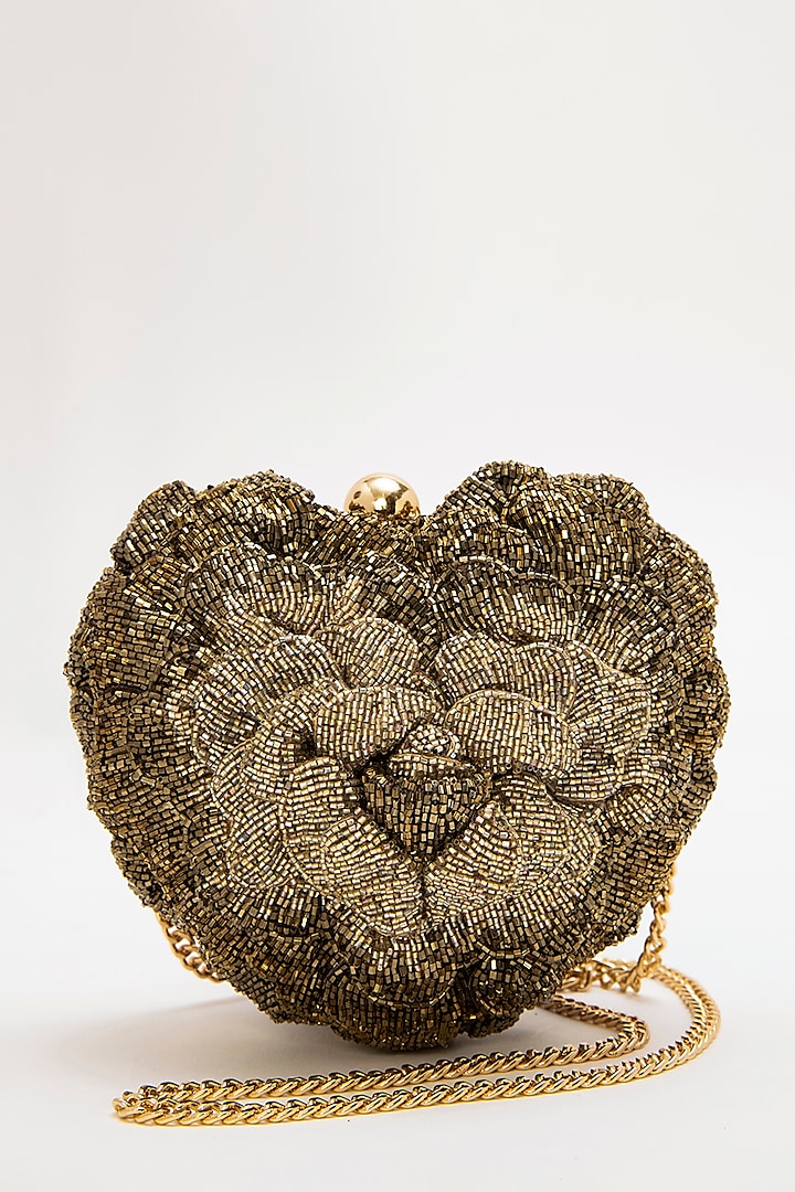 Vintage Gold Suede Hand Embroidered Heart Shaped Clutch by Doux Amour at Pernia's Pop Up Shop