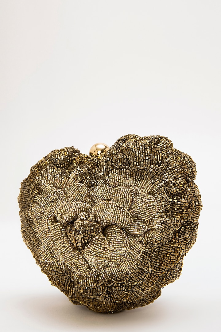 Vintage Gold Suede Hand Embroidered Heart Shaped Clutch by Doux Amour at Pernia's Pop Up Shop