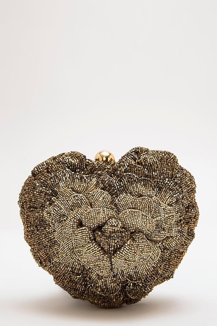 Vintage Gold Suede Hand Embroidered Heart Shaped Clutch by Doux Amour at Pernia's Pop Up Shop