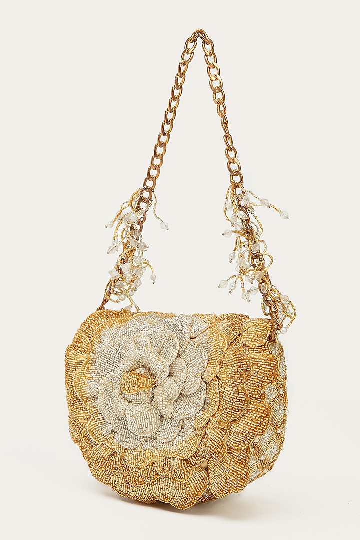 Vintage Gold Suede Hand Embroidered Clutch by Doux Amour