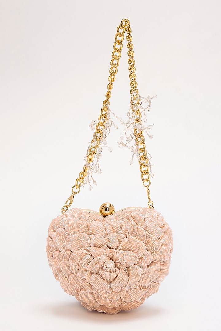 Blush Suede Hand Embroidered Heart Shaped Clutch by Doux Amour