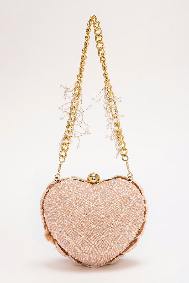 Blush Suede Hand Embroidered Heart Shaped Clutch by Doux Amour at Pernia's Pop Up Shop