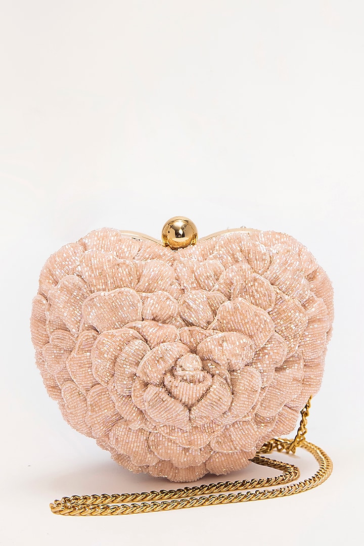 Blush Suede Hand Embroidered Heart Shaped Clutch by Doux Amour at Pernia's Pop Up Shop