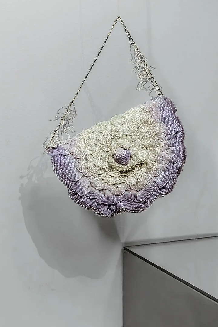 Lavender Suede Hand Embroidered Clutch by Doux Amour