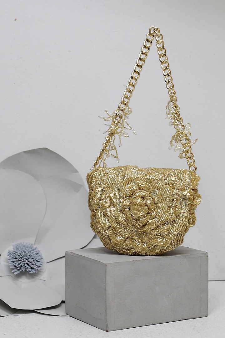 Gold Suede Hand Embroidered Clutch by Doux Amour