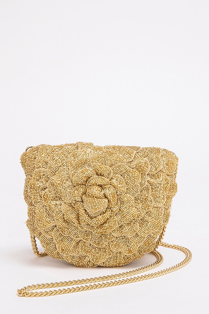 Gold Suede Hand Embroidered Clutch by Doux Amour at Pernia's Pop Up Shop