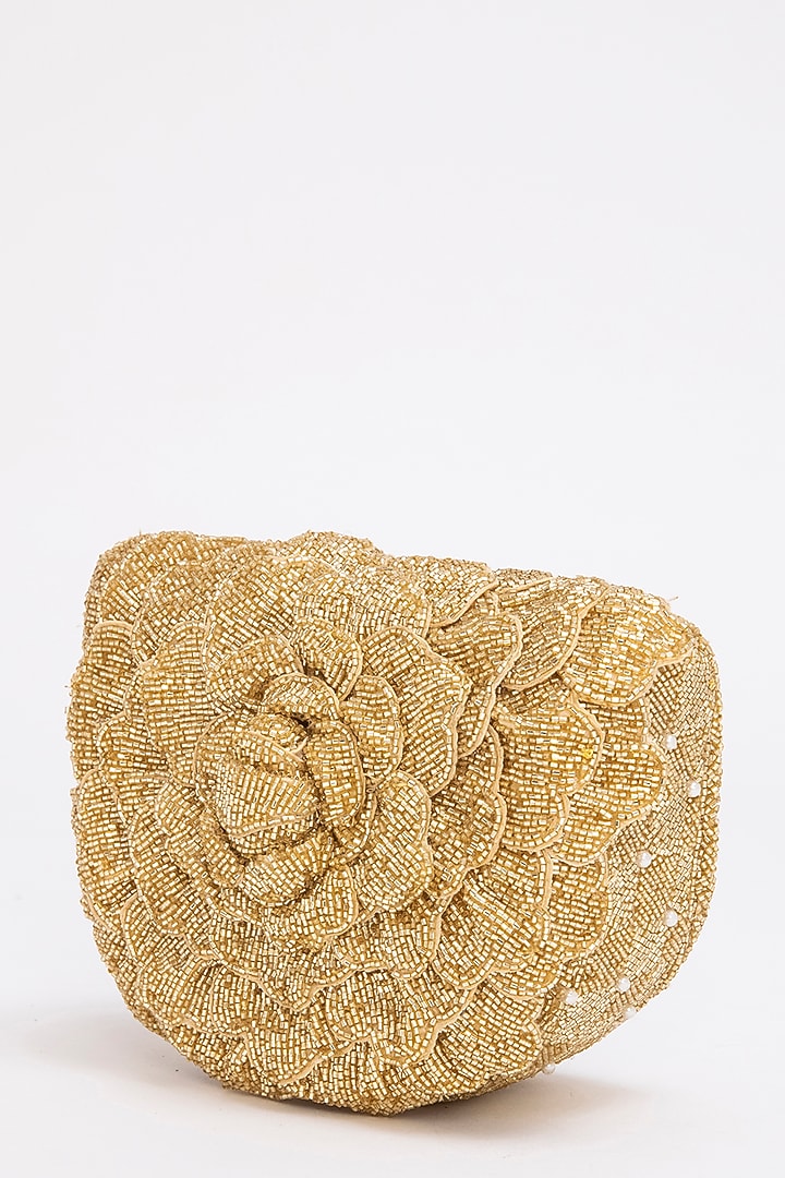 Gold Suede Hand Embroidered Clutch by Doux Amour at Pernia's Pop Up Shop