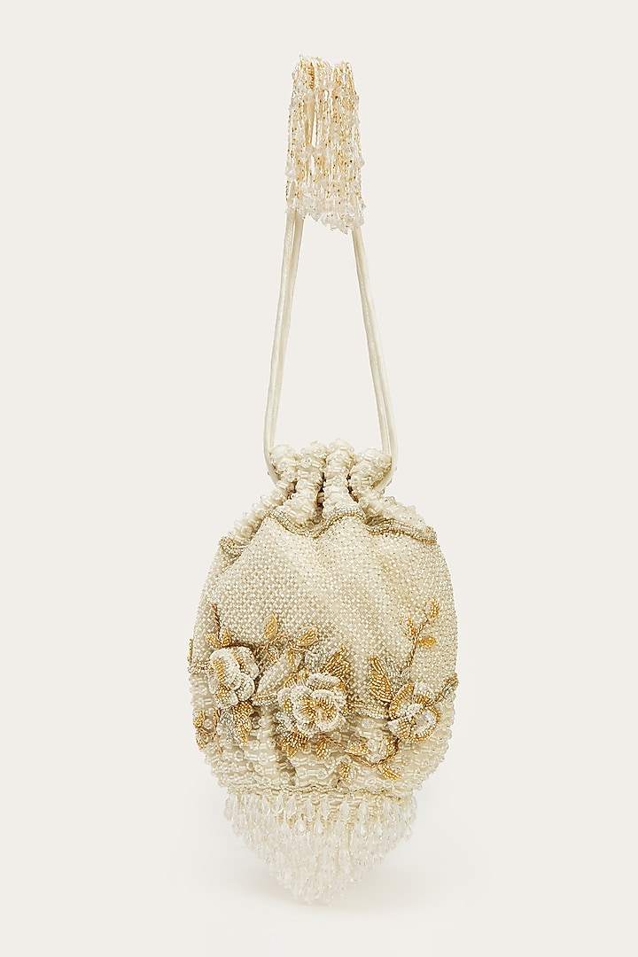 Ivory Suede Hand Embroidered Potli by Doux Amour at Pernia's Pop Up Shop
