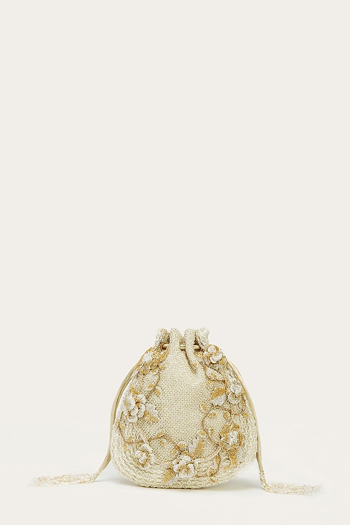 Ivory Suede Hand Embroidered Potli by Doux Amour at Pernia's Pop Up Shop