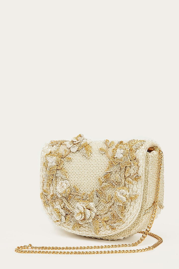 Ivory Suede Bead Hand Embroidered Clutch by Doux Amour