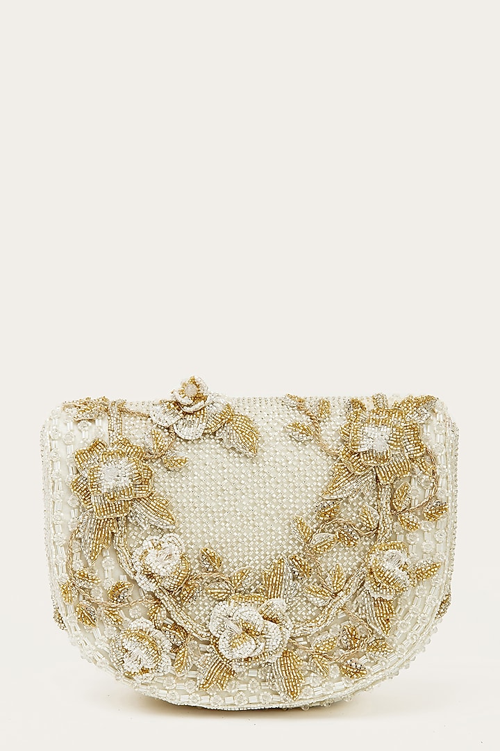 Ivory Suede Bead Hand Embroidered Clutch by Doux Amour at Pernia's Pop Up Shop