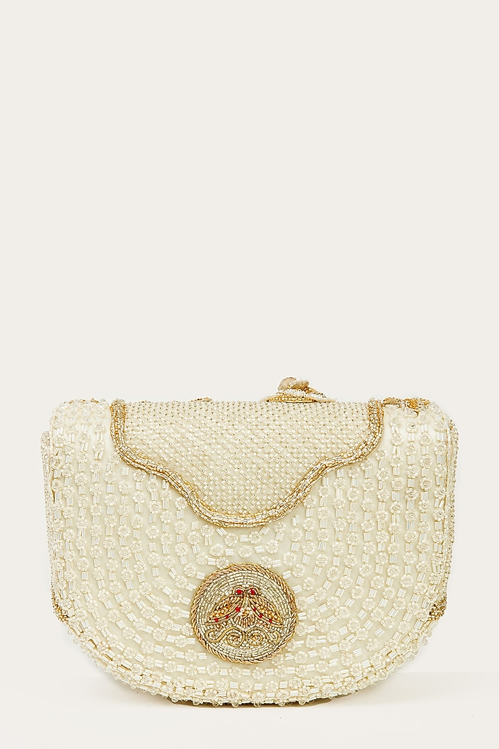 Ivory Suede Bead Hand Embroidered Clutch by Doux Amour at Pernia's Pop Up Shop