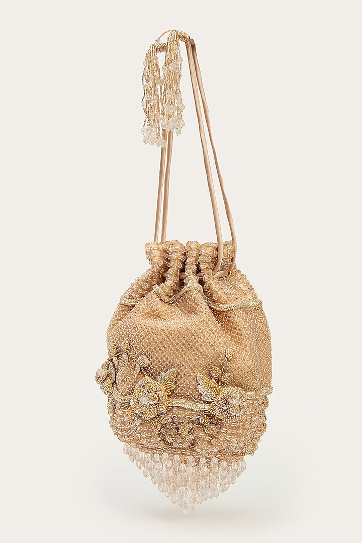 Rose Gold Suede Hand Embroidered Potli by Doux Amour