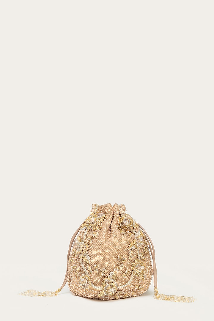 Rose Gold Suede Bead Hand Embroidered Potli by Doux Amour