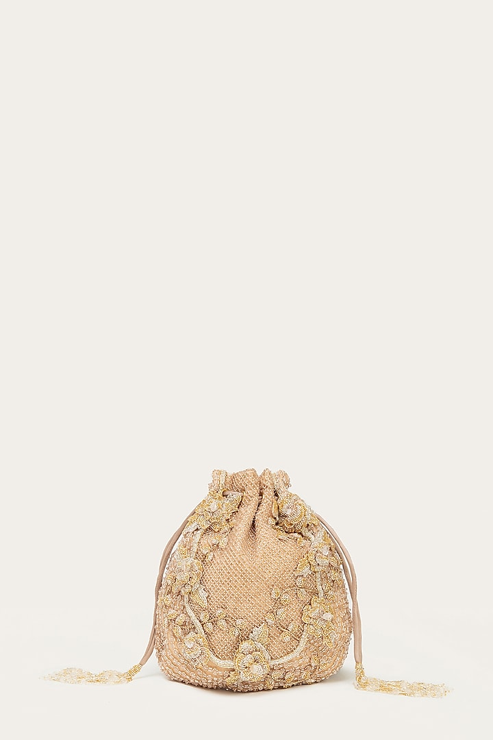 Rose Gold Suede Bead Hand Embroidered Potli by Doux Amour at Pernia's Pop Up Shop