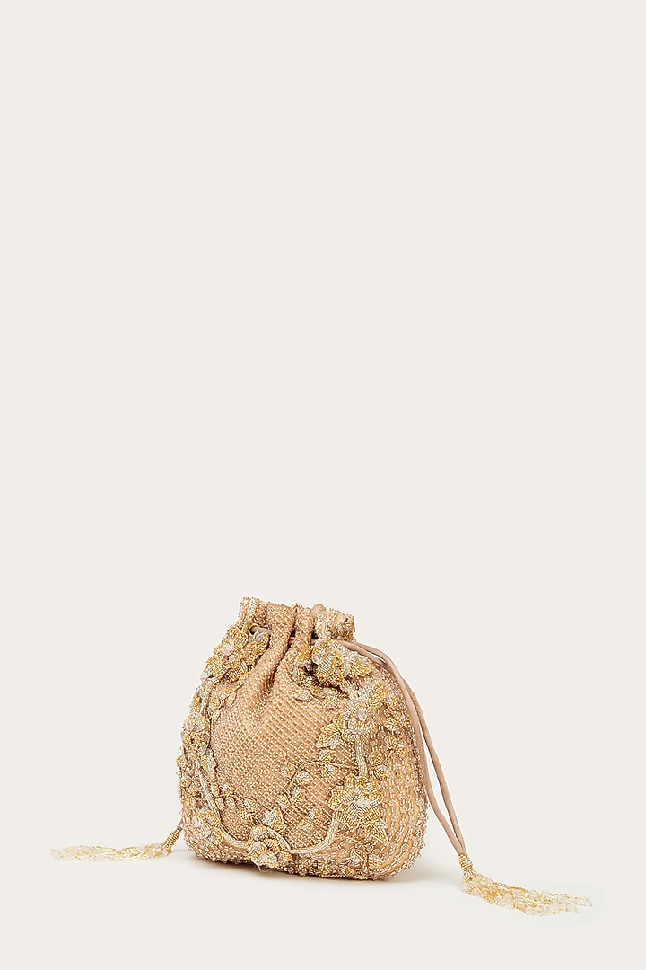 Rose Gold Suede Bead Hand Embroidered Potli by Doux Amour at Pernia's Pop Up Shop