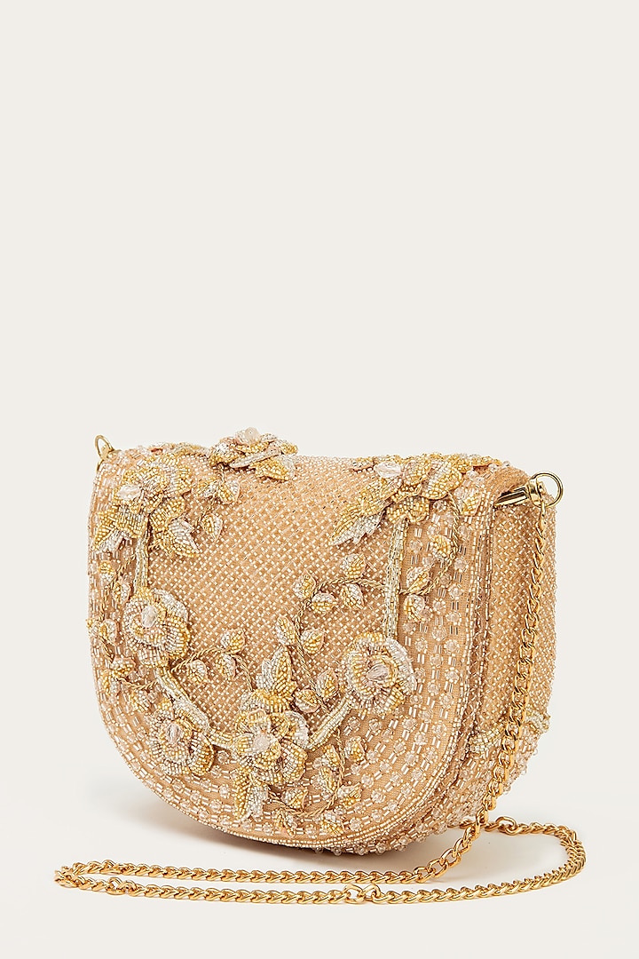 Rose Gold Suede Bead Hand Embroidered Clutch by Doux Amour