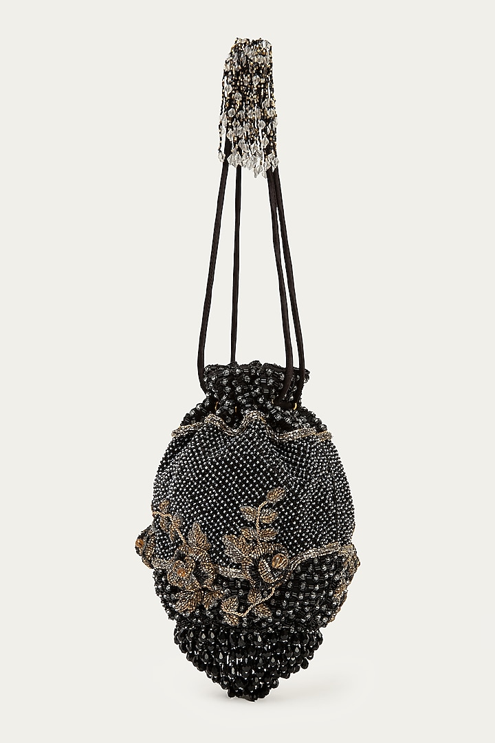 Black Suede Bead Hand Embroidered Potli by Doux Amour