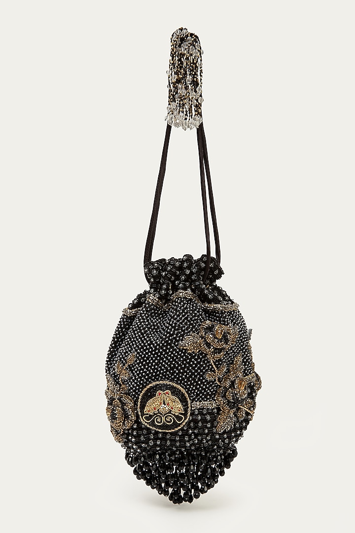 Black Suede Bead Hand Embroidered Potli by Doux Amour at Pernia's Pop Up Shop