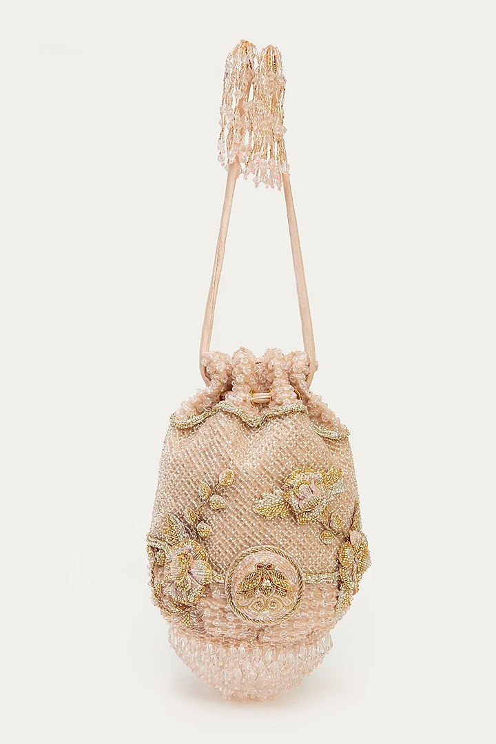 Powder Pink Suede Bead Hand Embroidered Potli by Doux Amour