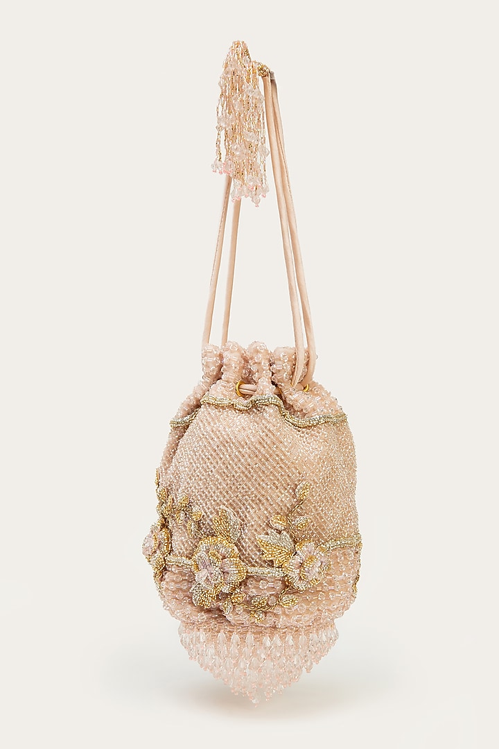 Powder Pink Suede Bead Hand Embroidered Potli by Doux Amour at Pernia's Pop Up Shop