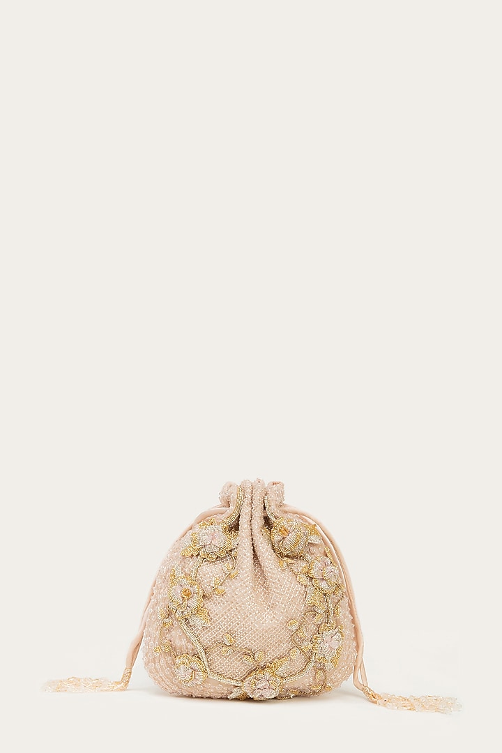 Powder Pink Suede Bead Hand Embroidered Potli by Doux Amour at Pernia's Pop Up Shop