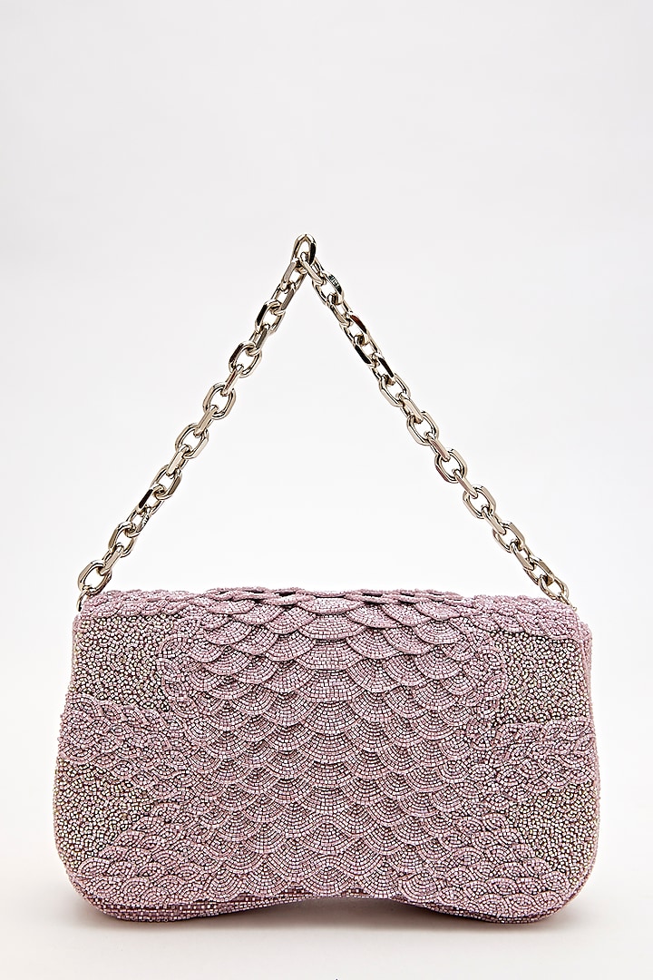 Lilac Suede Bead Hand Embroidered Clutch by Doux Amour