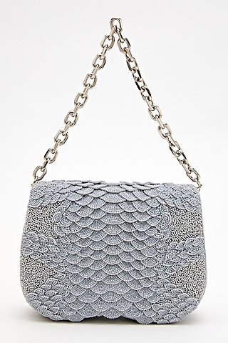 Coin Grey Suede Bead Hand Embroidered Clutch by Doux Amour