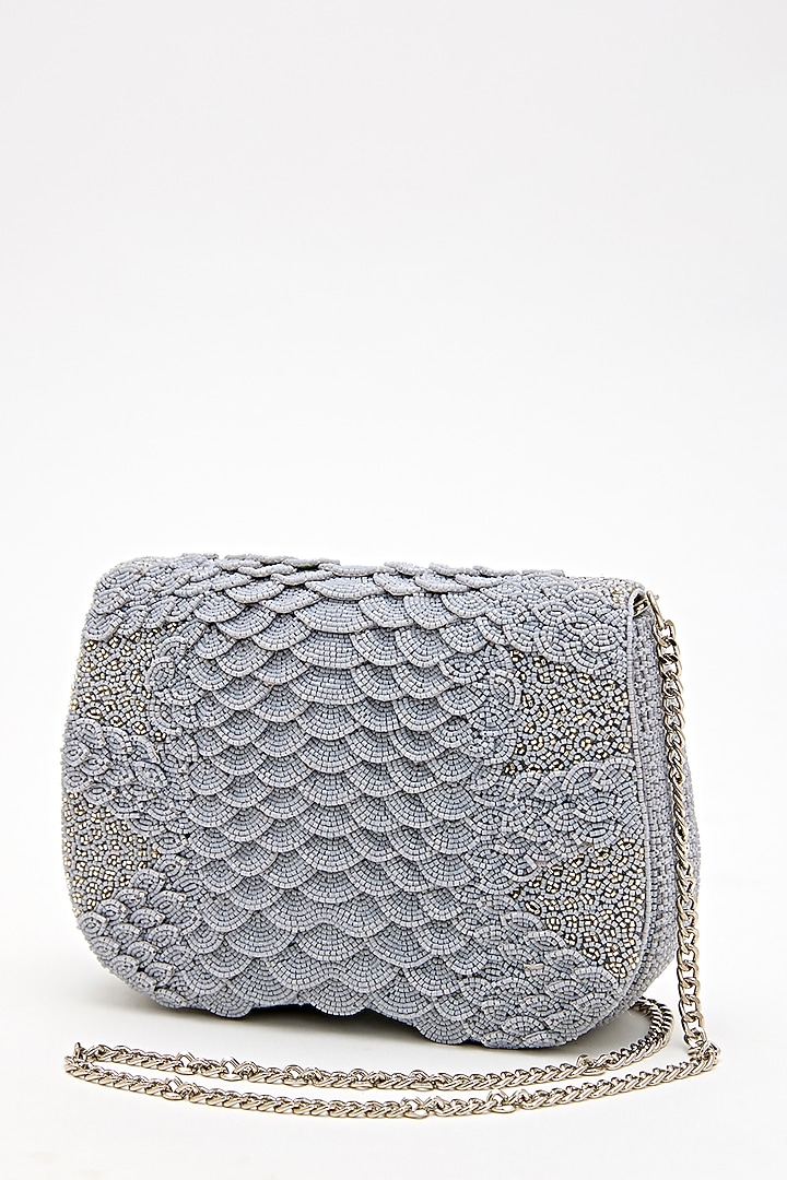 Coin Grey Suede Bead Hand Embroidered Clutch by Doux Amour at Pernia's Pop Up Shop
