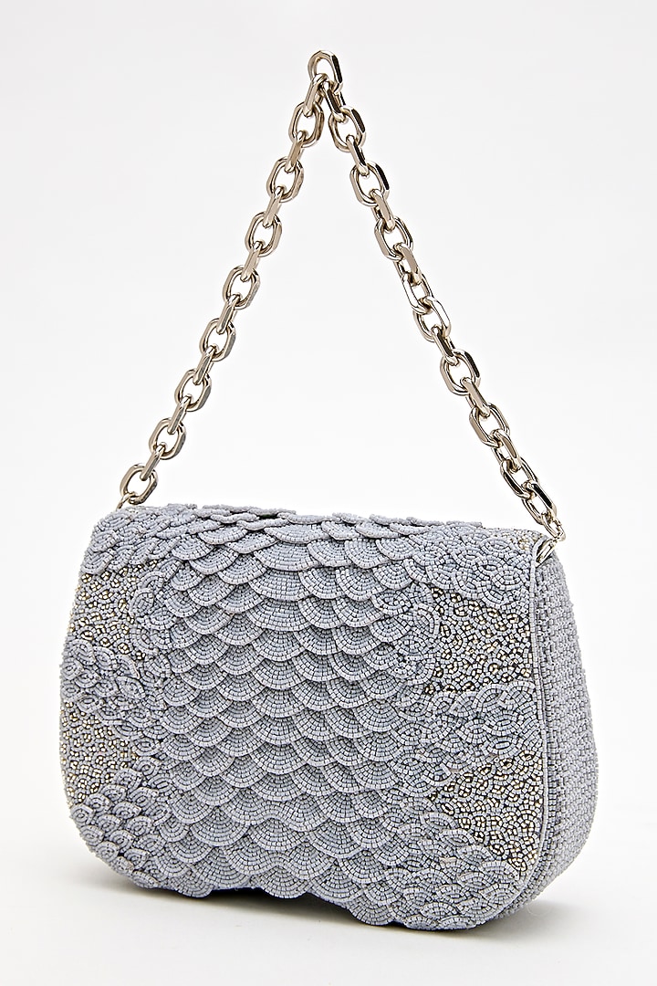 Coin Grey Suede Bead Hand Embroidered Clutch by Doux Amour at Pernia's Pop Up Shop