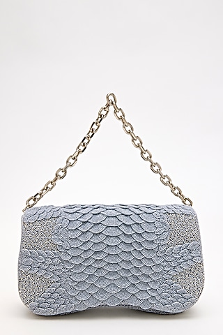 Coin Grey Suede Bead Hand Embroidered Clutch by Doux Amour