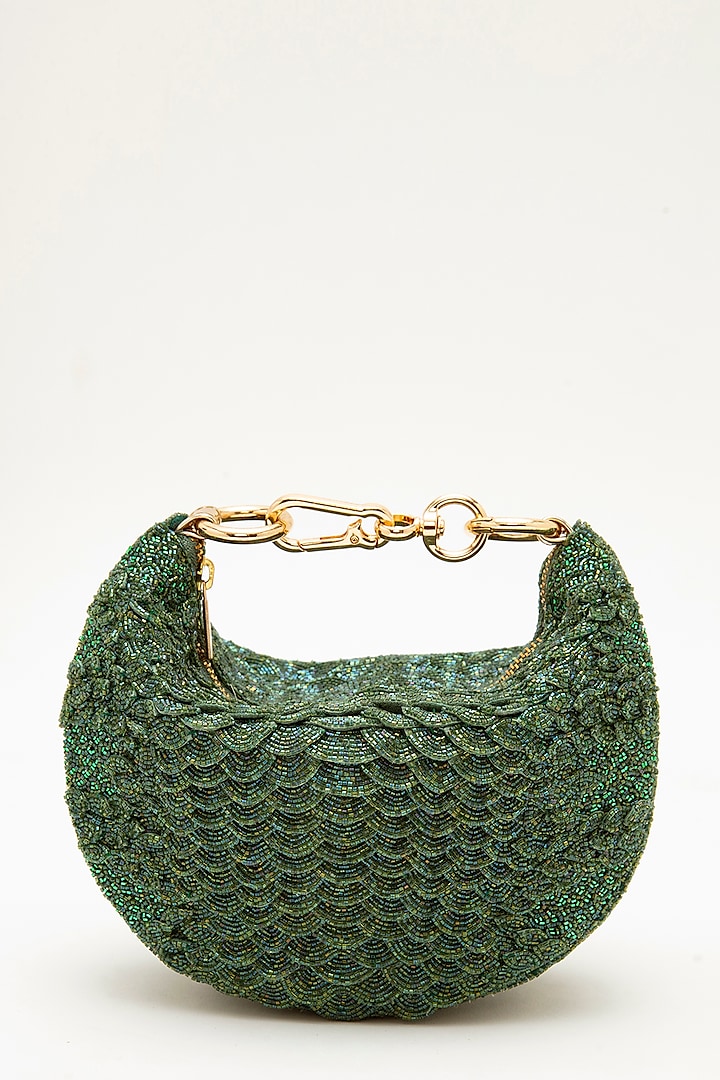 Sage Green Suede Bead Hand Embroidered Clutch by Doux Amour