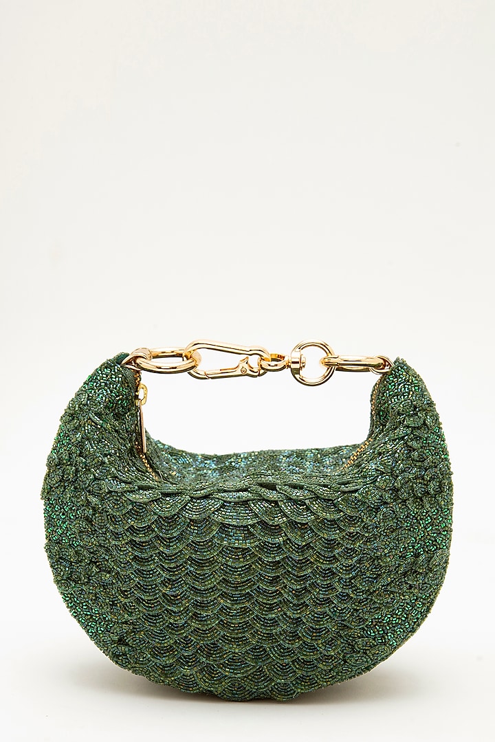 Sage Green Suede Bead Hand Embroidered Clutch by Doux Amour at Pernia's Pop Up Shop