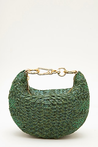 Sage Green Suede Bead Hand Embroidered Clutch by Doux Amour