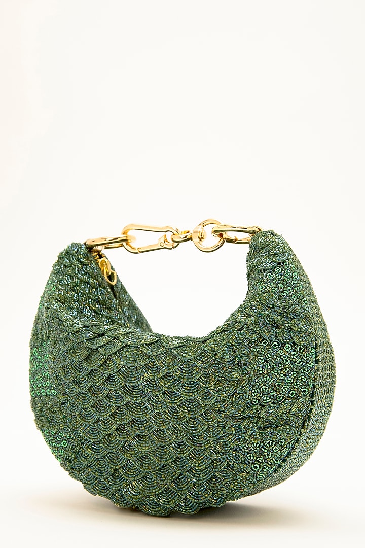Sage Green Suede Bead Hand Embroidered Clutch by Doux Amour at Pernia's Pop Up Shop