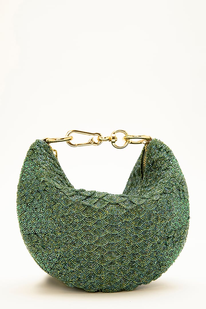 Sage Green Suede Bead Hand Embroidered Clutch by Doux Amour at Pernia's Pop Up Shop